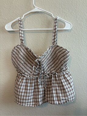American Eagle Outfitters Beige & Brown Plaid Smocked Tank